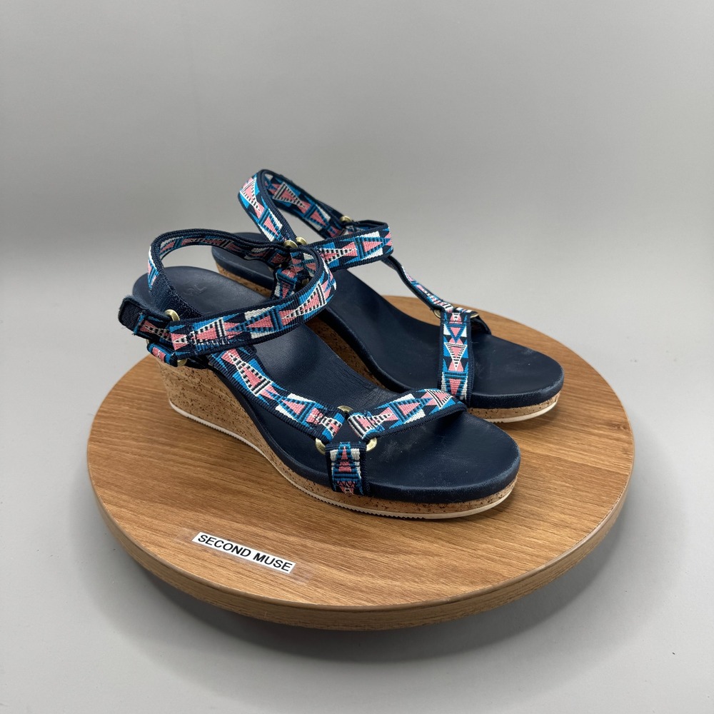 Teva Wedge Sandals Womens Sz 7 Navy Blue Geometric Boho Cork Heel Summer Beachy